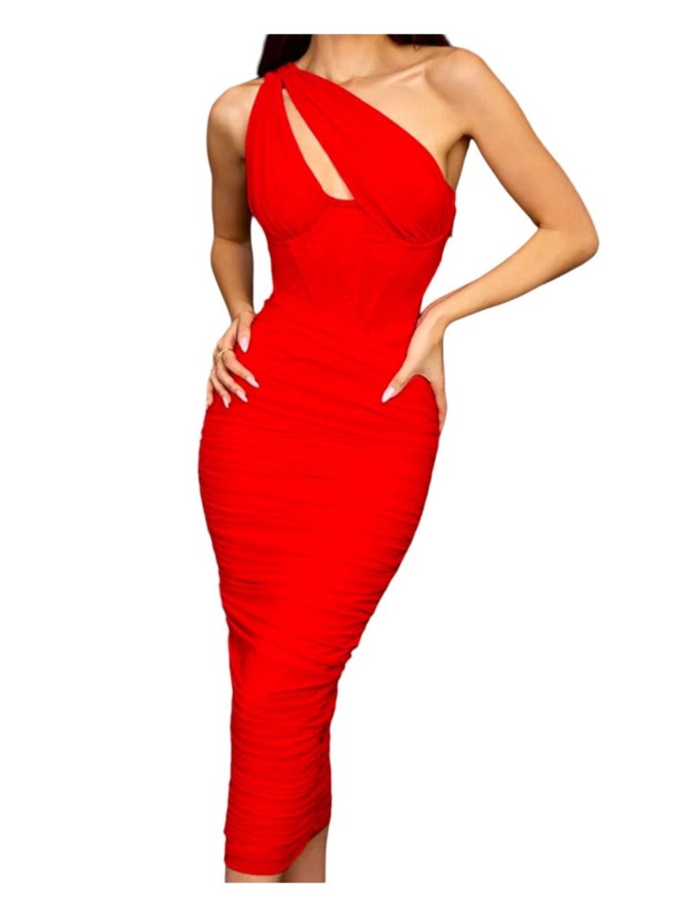 House Of CB Valentina Bodycon One Shoulder Midi Dress Red Size XS NWOT